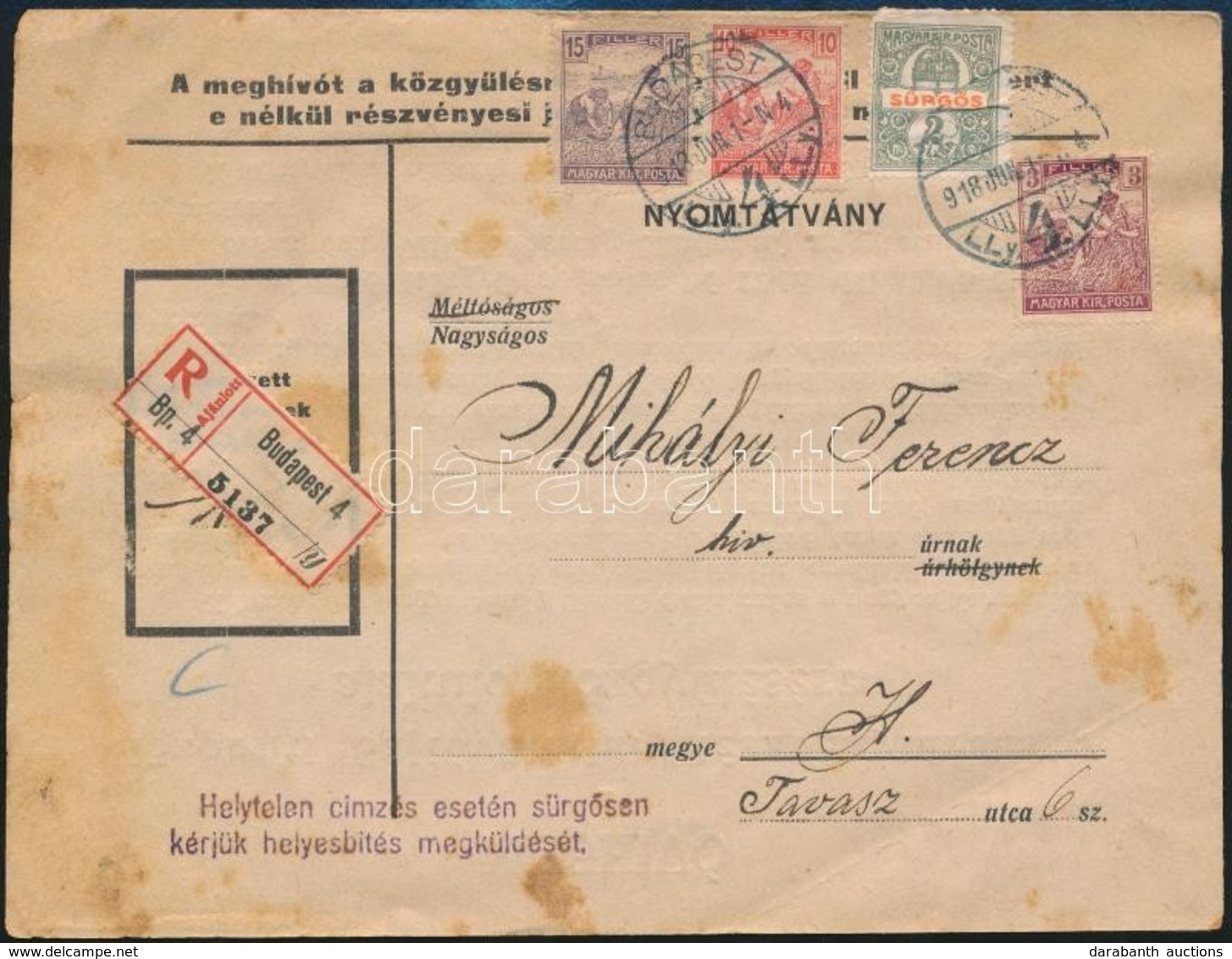 1918 Ajánlott Nyomtatvány Sürgős Bélyeggel - Andere & Zonder Classificatie