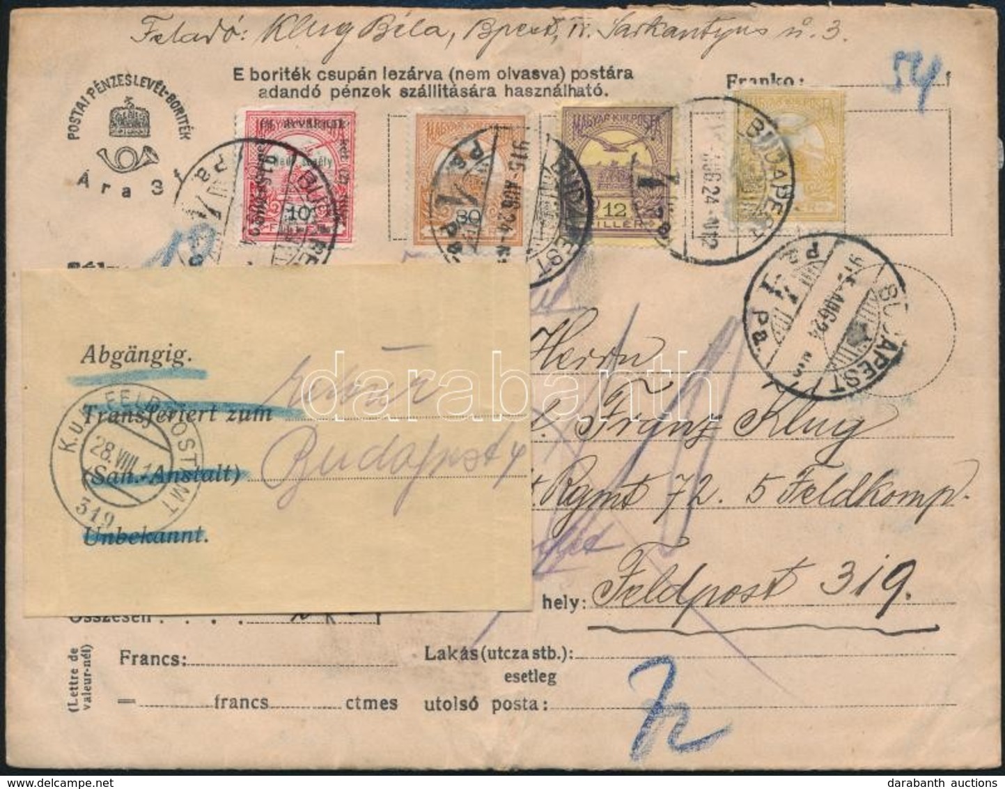 1915 Pénzes Levél Tábori Postára, Visszairányítva / Insured Cover To Field Post Address, Returned - Andere & Zonder Classificatie