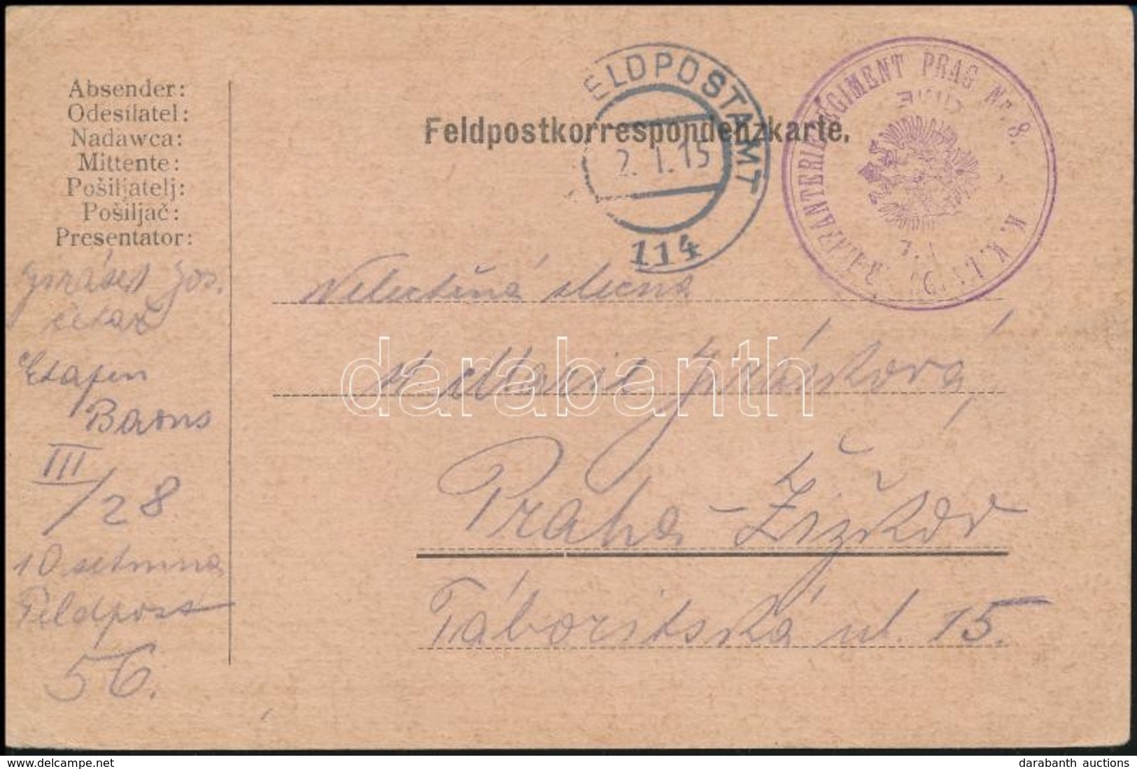1915 Tábori Posta Levelezőlap / Field Postcard 'K.k. LANDSTURMINFANTERIEREGIMENT PRAG Nr.8.' + 'FP 114' - Sonstige & Ohne Zuordnung