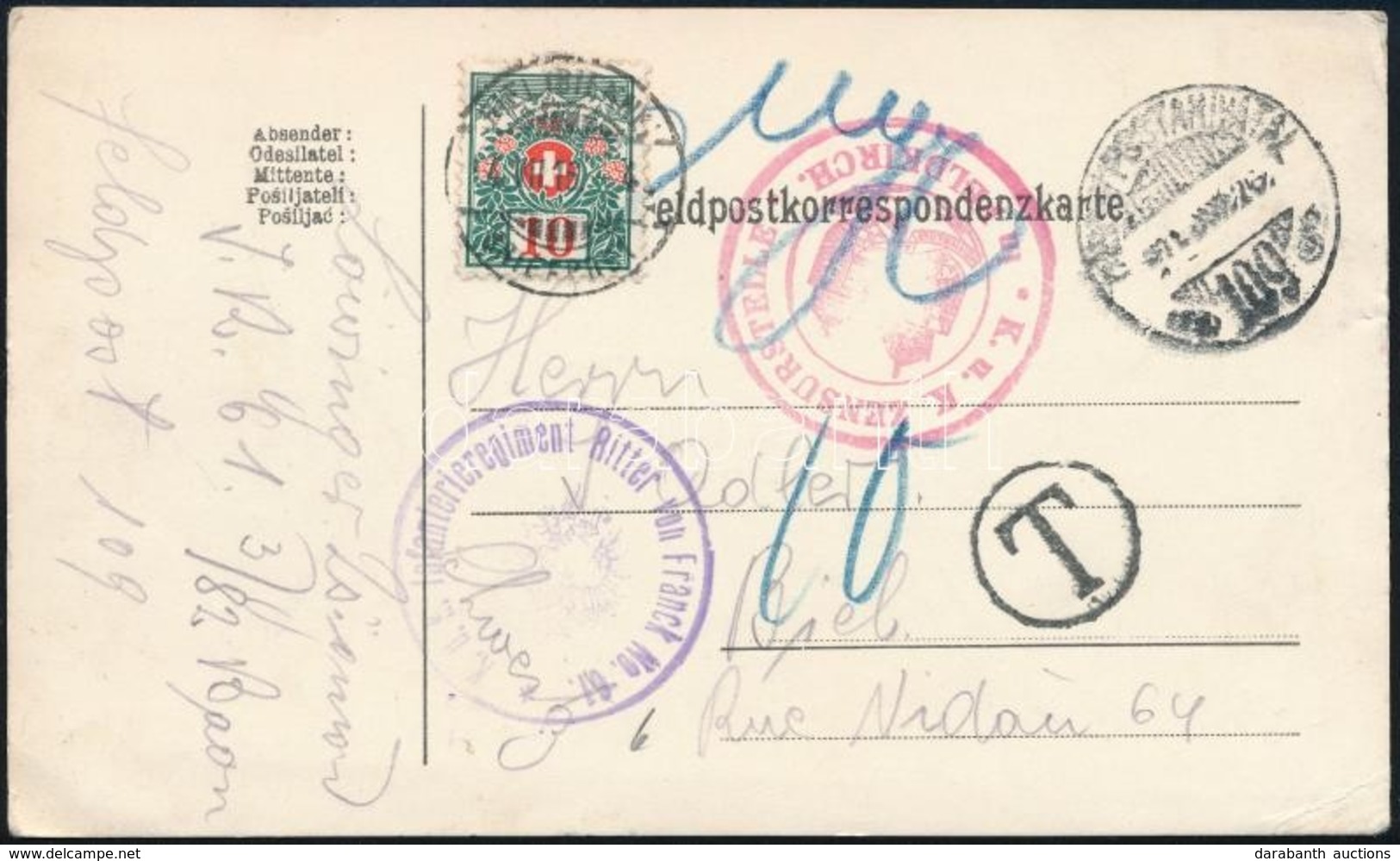 1916 Tábori Posta Levelezőlap Svájcba, Ott Portózva / Field Postcard To Switzerland, With Postage Due 'K.u.k. Infanterie - Other & Unclassified