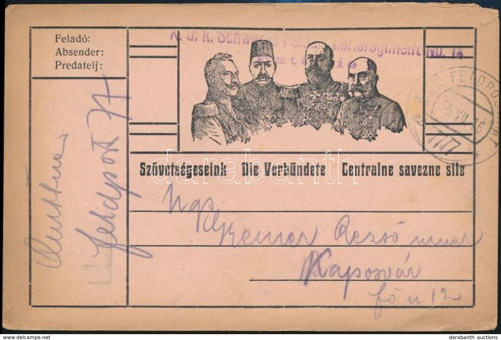 1916 Tábori Posta Levelezőlap / Field Postcard 'K.u.k. Schweres Feld...' + 'FP 77' - Andere & Zonder Classificatie
