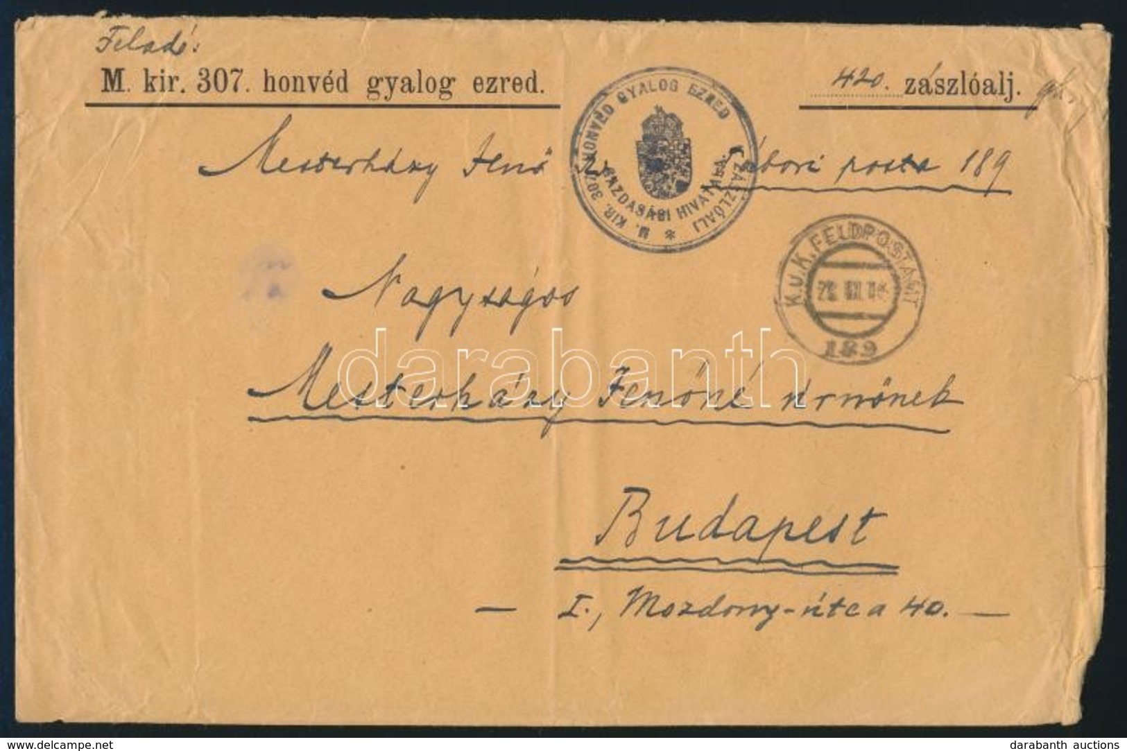 1916 Tábori Posta Levél / Field Post Cover 'M.kir. 307. Honvéd Gyalog Ezred' + 'FP 189'' - Andere & Zonder Classificatie