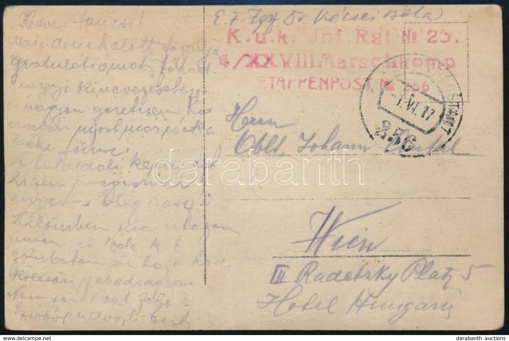 1917 Tábori Posta Képeslap 'K.u.k. Inf. Rgt. No.23 4/XXVIII Marschkomp' + 'EP 256' - Andere & Zonder Classificatie