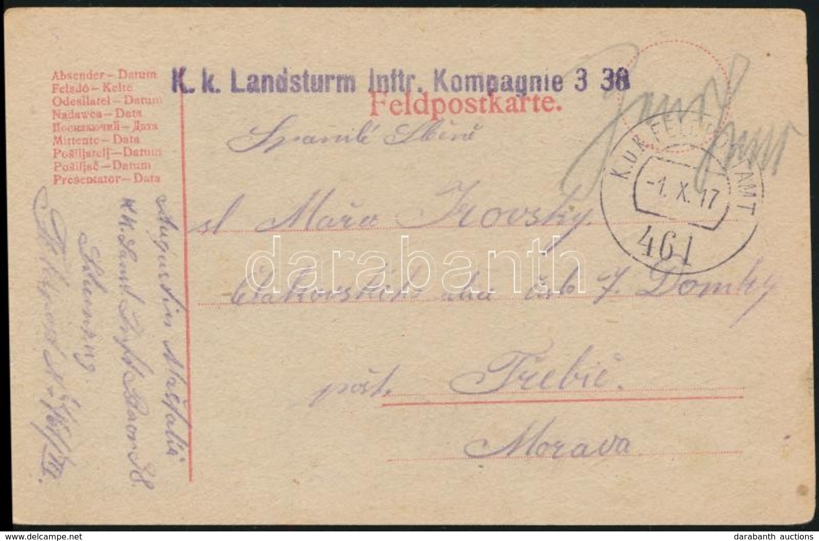 1917 Tábori Posta Levelezőlap / Field Postcard 'K.k. Landsturm Inftr. Kompagnie 3. 38.' + 'FP 461' - Other & Unclassified