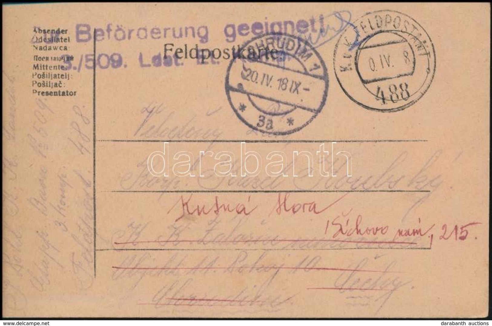 1918 Tábori Posta Levelezőlap / Field Postcard 'Beförderung Geeignet! 3./509. Ldst. Et...' + 'FP 488' - Andere & Zonder Classificatie