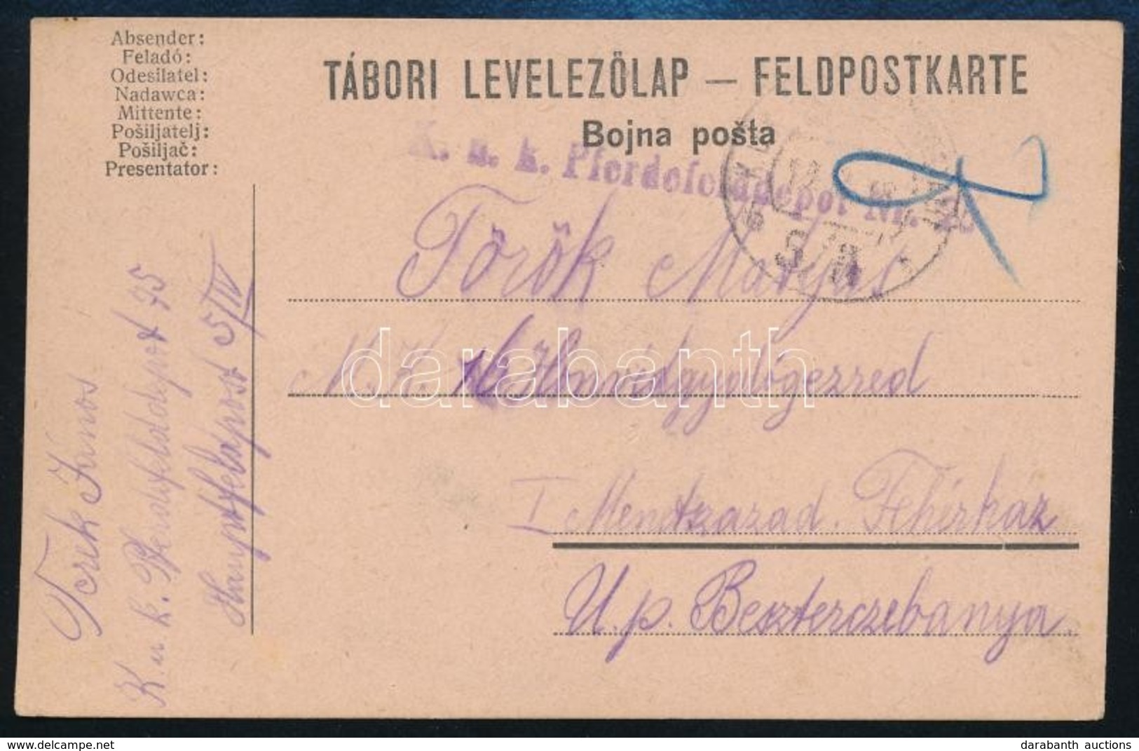 1918 Tábori Posta Levelezőlap / Field Postcard 'K.u.k. Pferdefelddepot Nr.75.' + 'HP 5/IV B' - Other & Unclassified