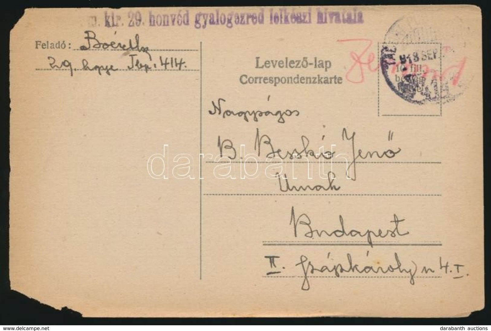 1918 Tábori Posta Levelezőlap / Field Postcard 'M.kir.29. Honvéd Gyalogezred Lelkészi Hivatala' + 'TP 414' - Other & Unclassified