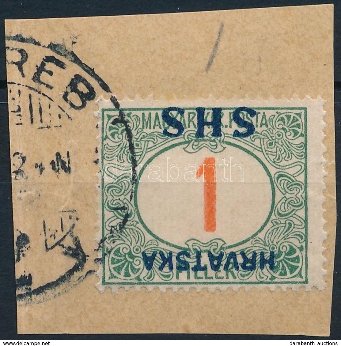 SHS 1918 Pirosszámú Portó 1f Fordított Felülnyomással Kivágáson (min. 14.000) / Mi P27 With Inverted Overprint. Signed:  - Altri & Non Classificati