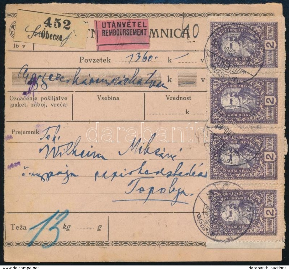 1920 Utánvételes Csomagszállító Túlélő Bélyegzéssel 'ÓBECSE' - Other & Unclassified