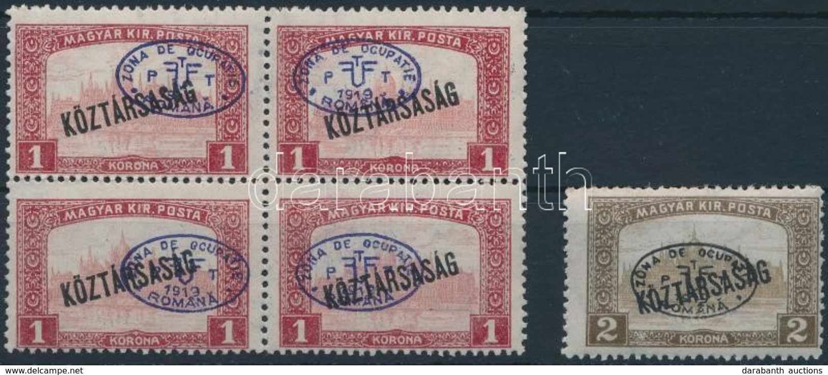 ** Debrecen I. 1919 Parlament/Köztársaság 1K Négyestömb, 2K Fekete Felülnyomással, Garancia Nélkül (22.000) - Other & Unclassified