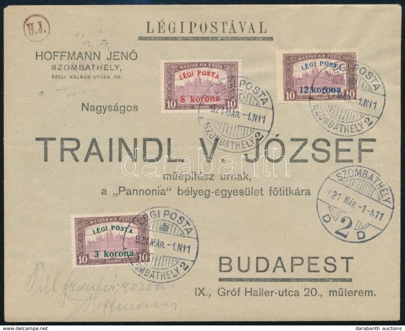 1921 Légi Posta Sor Légi Levélen / Airmail Cover ,,SZOMBATHELY' - Budapest - Andere & Zonder Classificatie