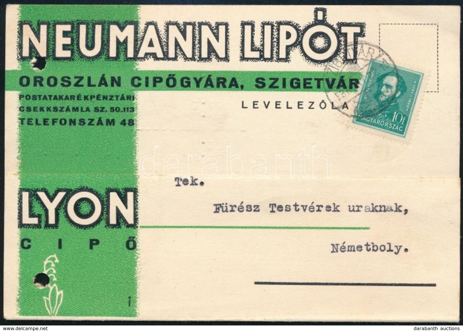 1936 Neumann Lipót Céges Levelezőlapja 'SZIGETVÁR' - Other & Unclassified