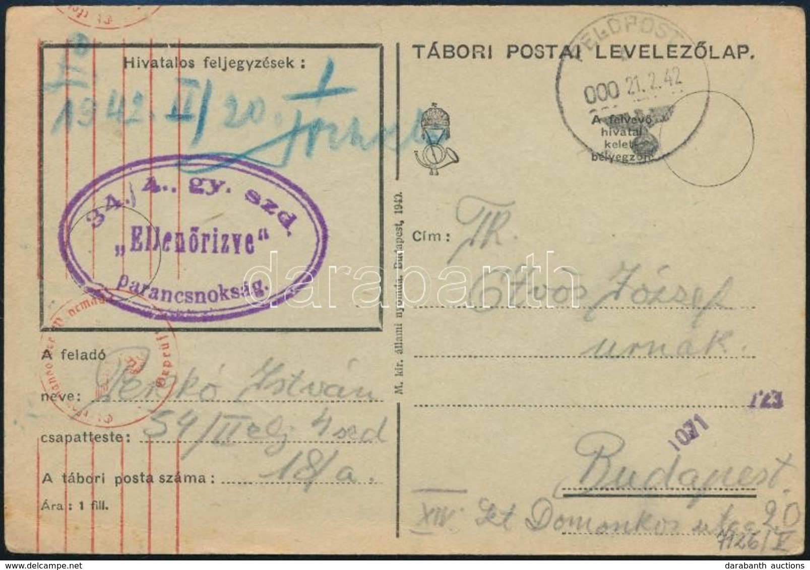 1942 Levelezőlap Német Tábori Postán Küldve / Postcard Of Hungarian Soldier With German Field Post '34./4., Gy. Szd. Par - Andere & Zonder Classificatie