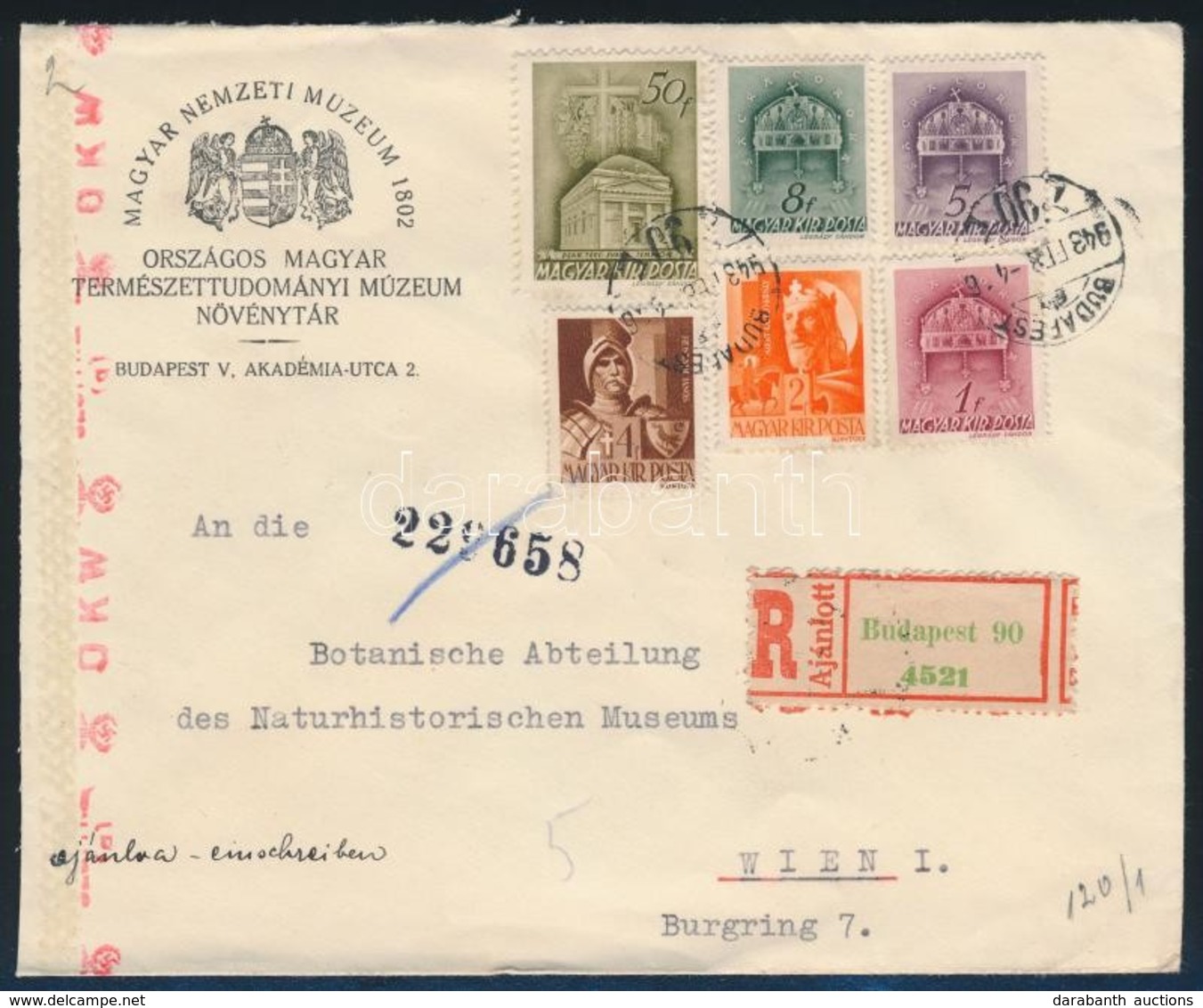 1943 Cenzúrázott Ajánlott Levél A Nemzeti Múzeum Növénytárából Küldve Bécsbe / Censored Registered Cover To Vienna - Andere & Zonder Classificatie