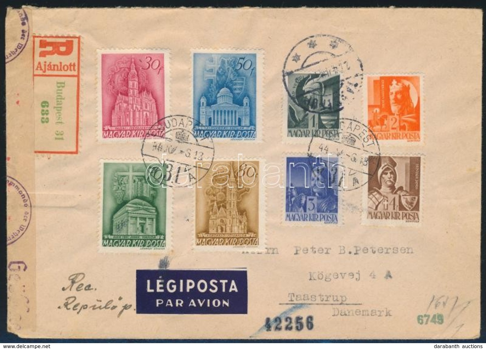 1944 Cenzúrázott Ajánlott Légi Levél Dániába / Censored Registered Airmail Cover To Denmark - Andere & Zonder Classificatie