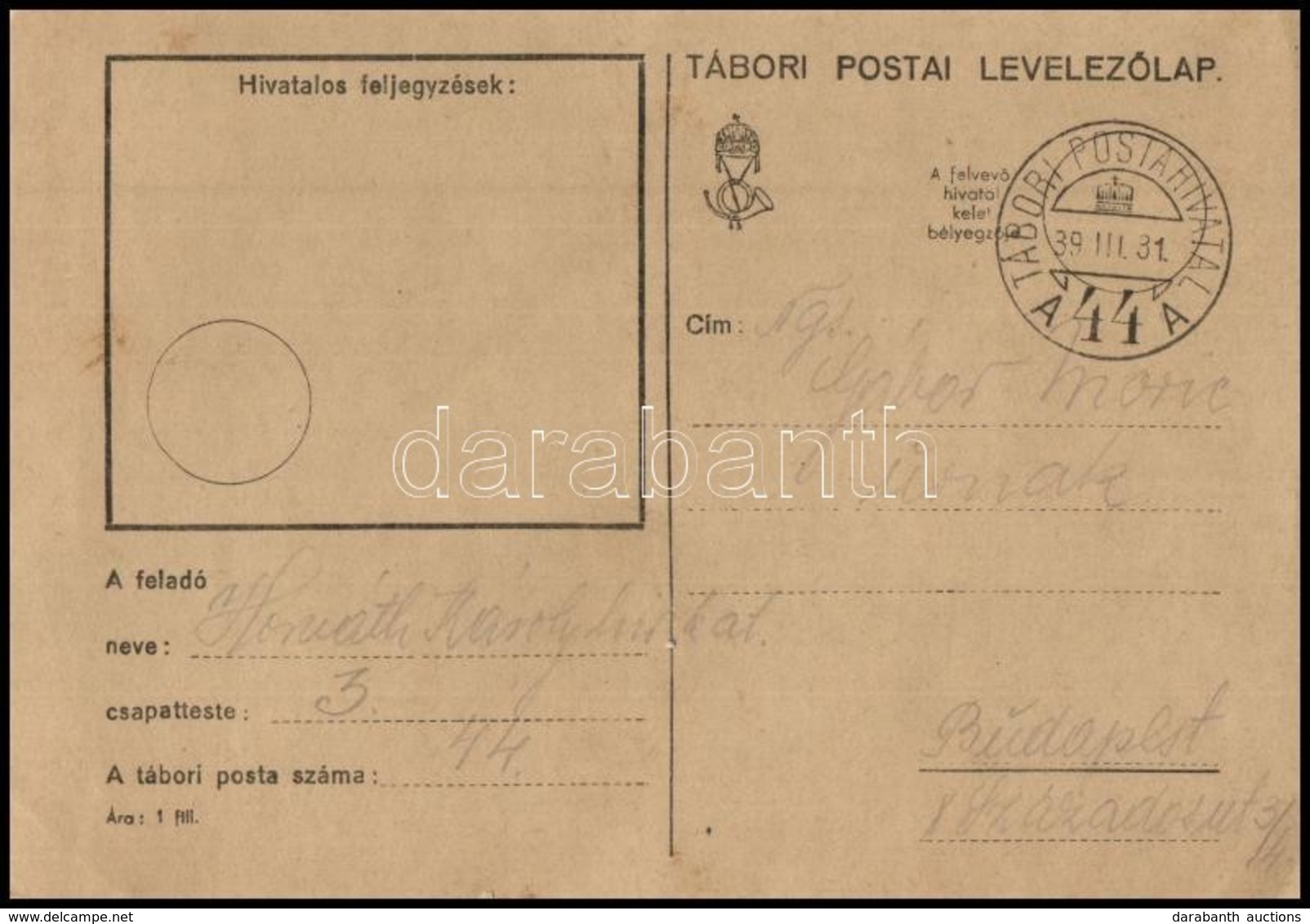 1939 Tábori Posta Levelezőlap A Kárpátaljai Bevonulás Idejéből 'TP 44' - Other & Unclassified