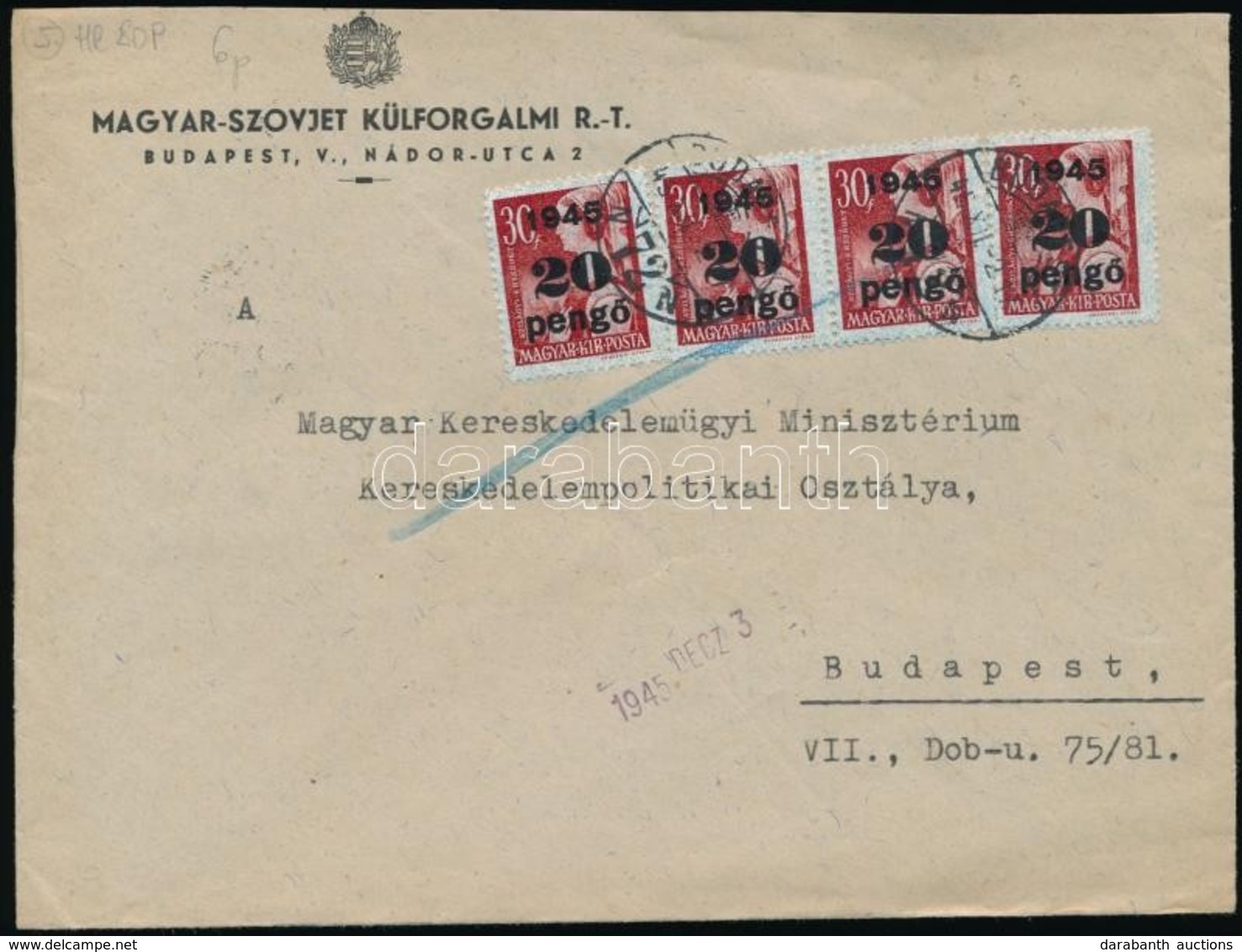 1945 (5. Díjszabás) Helyi Levél Kisegítő 4 X 20P/30f Bérmentesítéssel - Other & Unclassified