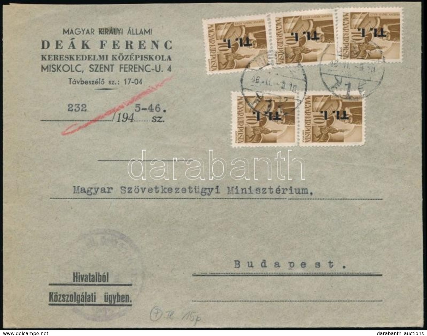 1946 (7. Díjszabás) Távolsági Levél Betűs 5 X TI. I./10f Bérmentesítéssel - Other & Unclassified