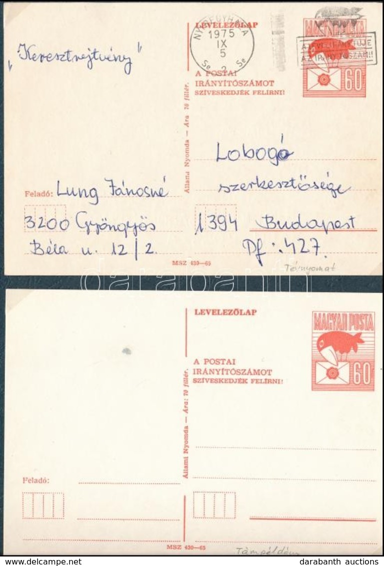 1975 60f Futott Díjjegyes Levelezőlap Alsó Osztóvonal Nélkül + Támpéldány - Other & Unclassified