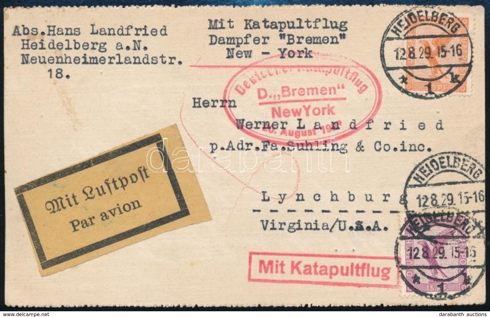 1929 Katapult Posta Levelezőlap Az USA-ba / Katapult Post Cover From Steamer Bremen To New York And Virginia - Other & Unclassified