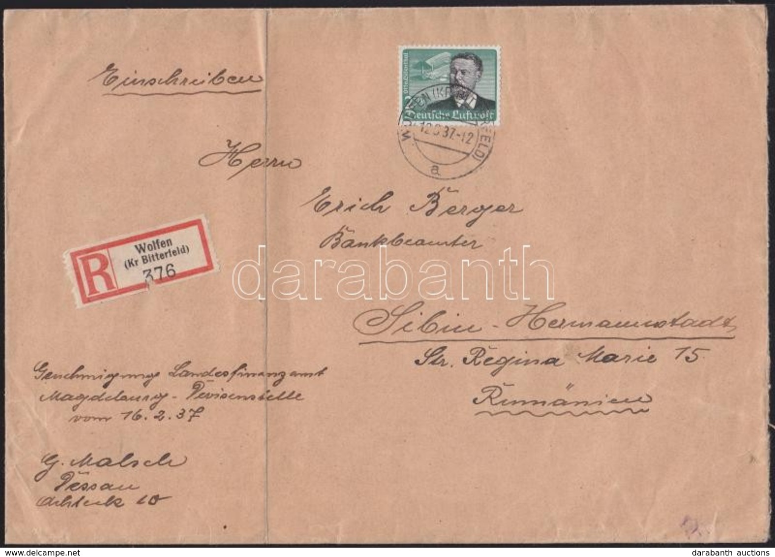 1937 Ajánlott Levél Nagyszebenbe - Other & Unclassified