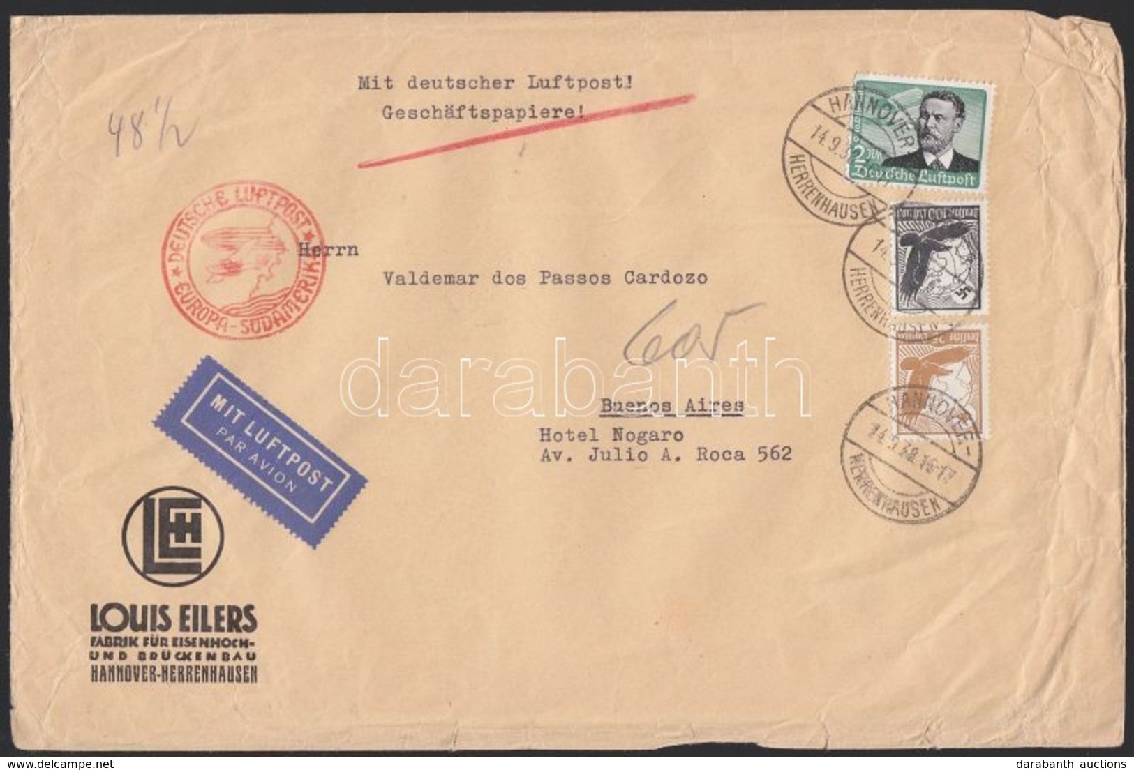 1938 Légi Levél Argentínába 3,25 RM Bérmentesítéssel / Airmail Cover To Argentina With 3,25 RM Franking - Other & Unclassified