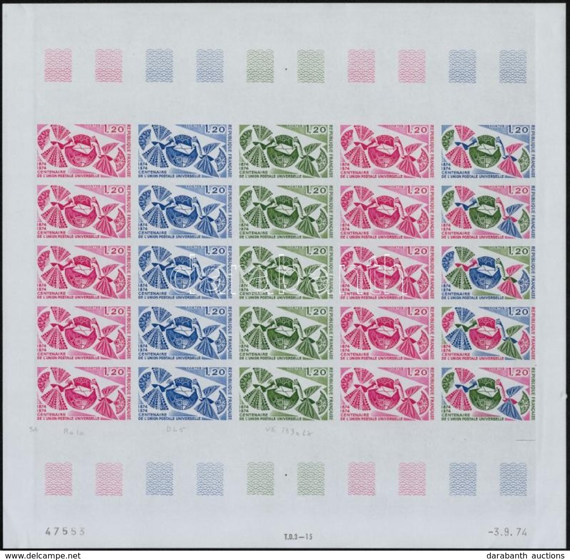 ** 1974 100 éves Az UPU Színpróba 25-ös ív / Mi 1887 Sheet Of 25 Colour Proof (Maury EUR 2.500.-) - Other & Unclassified