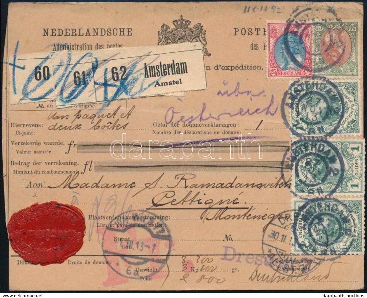 1913 Csomagszállító 3 Csomagról Montenegróba / Parcel Card Of 3 Parcels To Montenegro - Andere & Zonder Classificatie