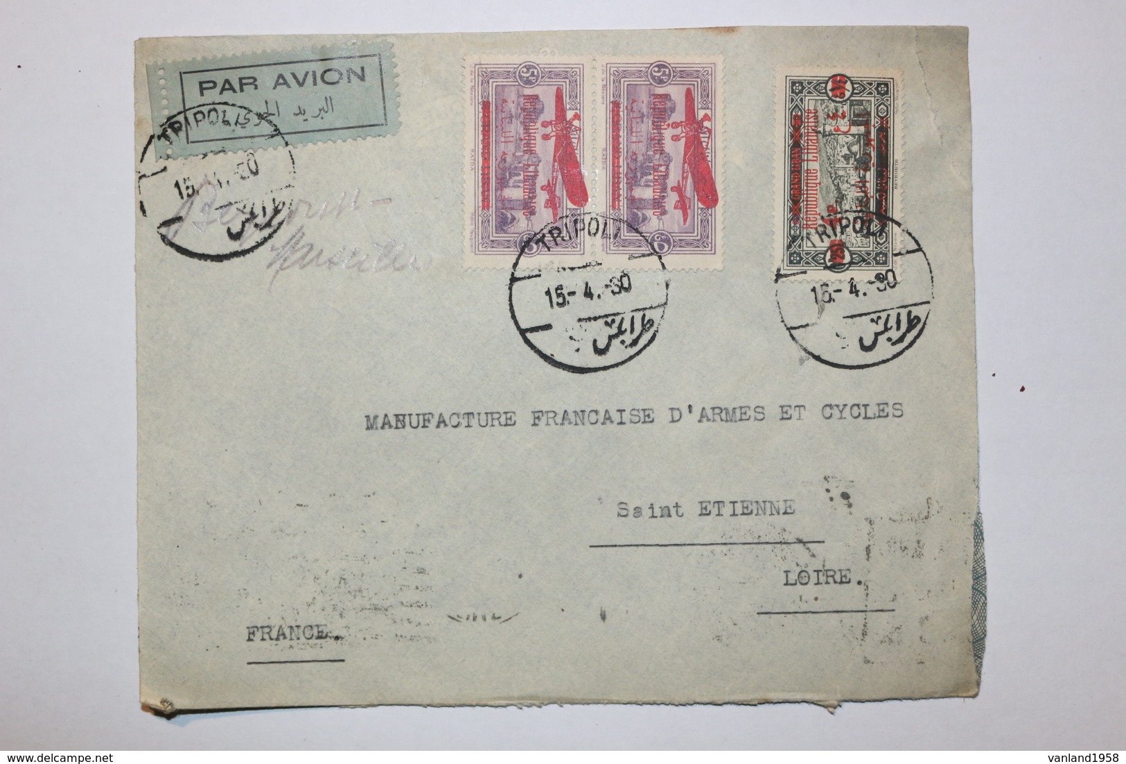 Lettre Par Avion Du LIBAN - Tripoli à St Etienne En 1930 - Lebanon
