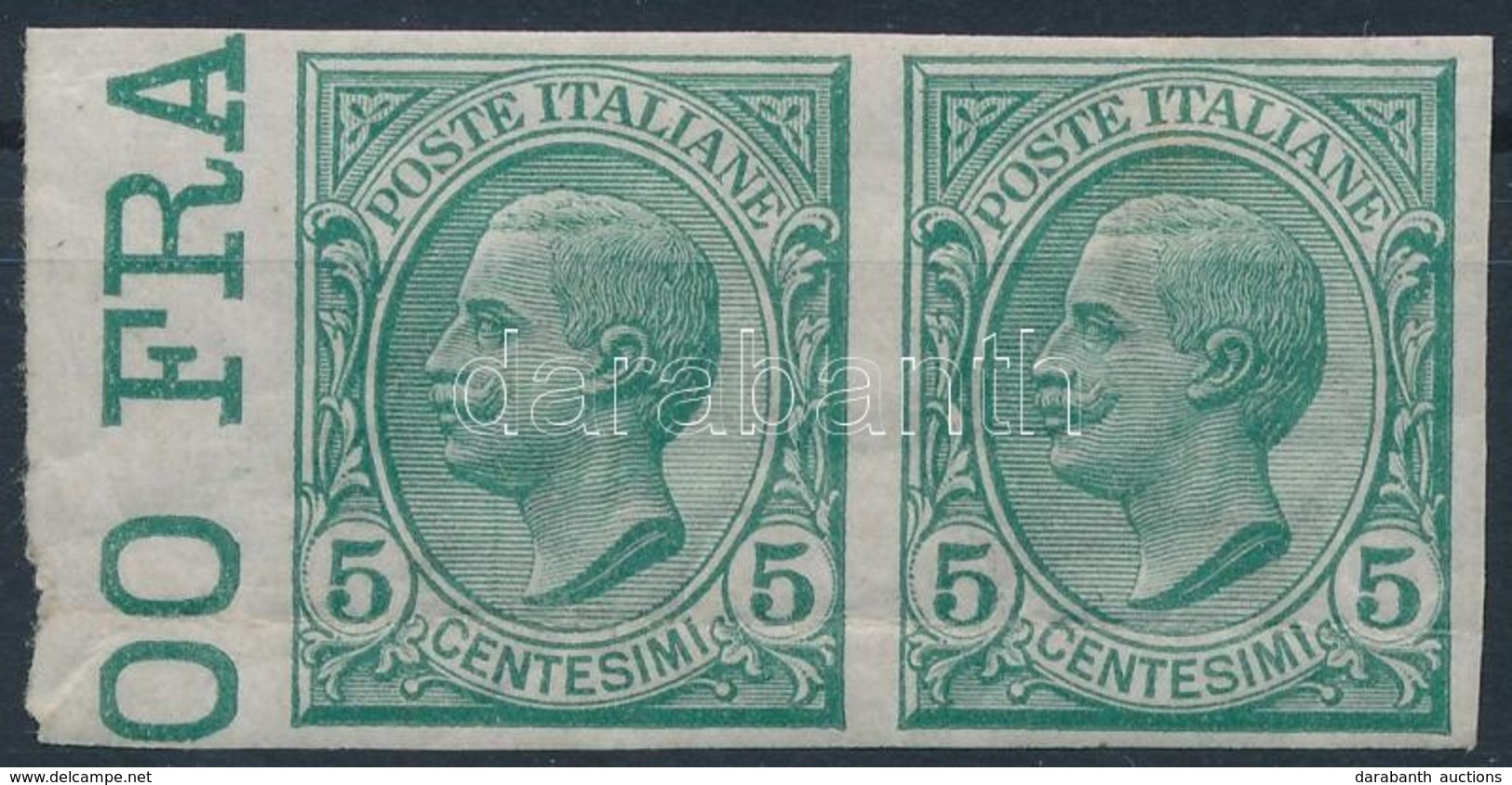 ** 1906 Vittorio Emanuele 5c Vágott ívszéli Pár, Alul Hajtott,
Vittorio Emanuele 5c Imperforate Margin Pair, Folded Belo - Other & Unclassified