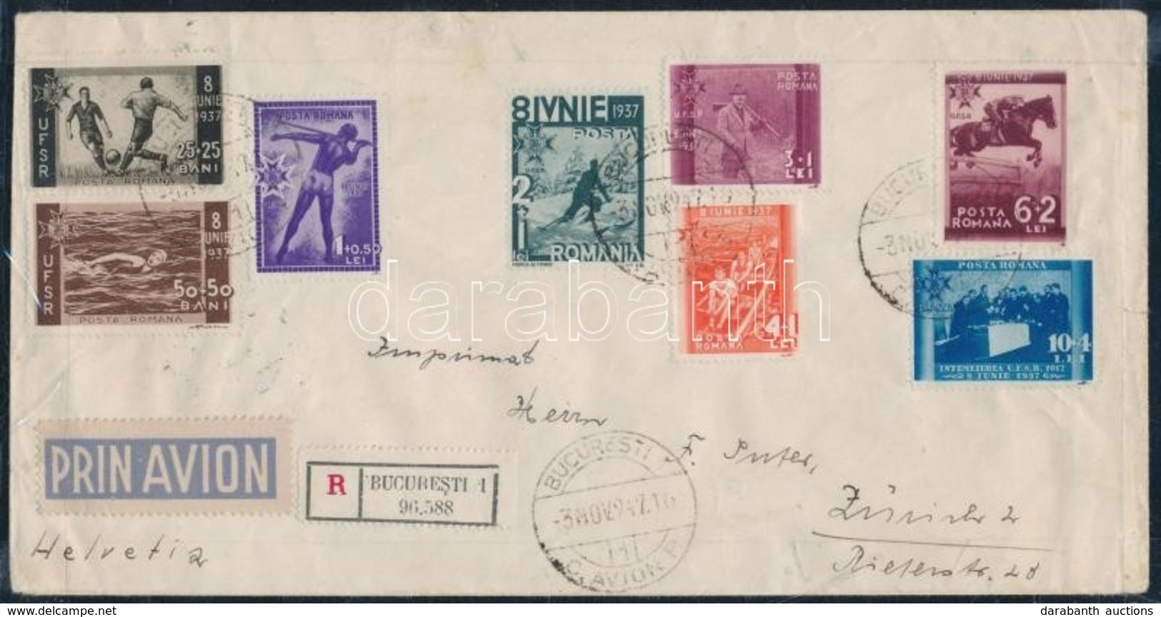 1937 Sport Sor Mi 528-535 Légi Ajánlott Levélen Zürichbe Küldve / On Registered Cover To Zürich - Andere & Zonder Classificatie