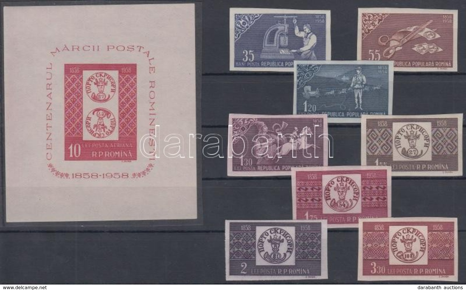 ** 1958 100 éves A Román Bélyeg Vágott Sor Mi 1750-1757 B + Blokk 41 - Other & Unclassified