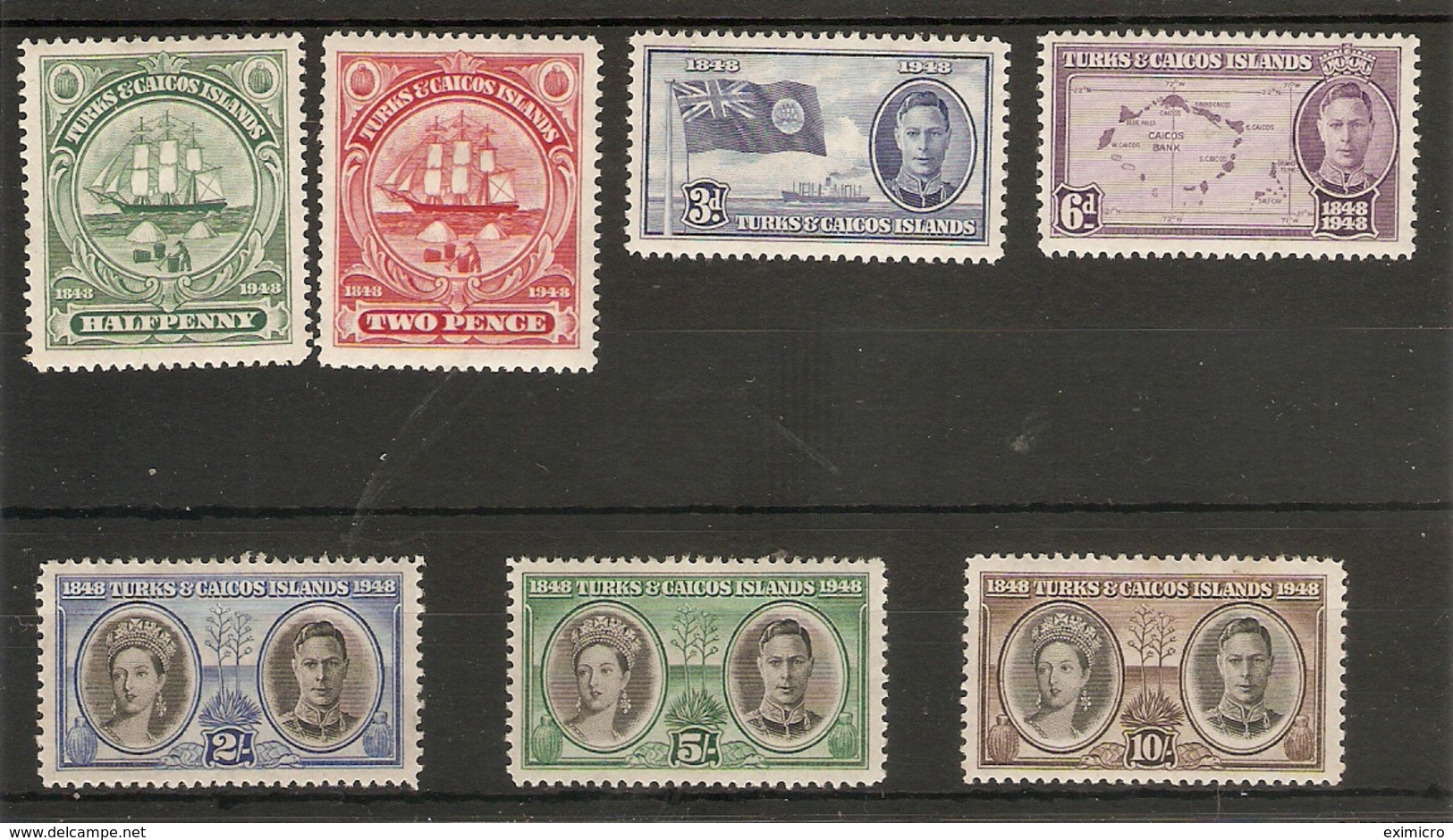 TURKS AND CAICOS ISLANDS 1948 CENTENARY SET SG 210/216 MOUNTED MINT Cat £14 - Turks And Caicos
