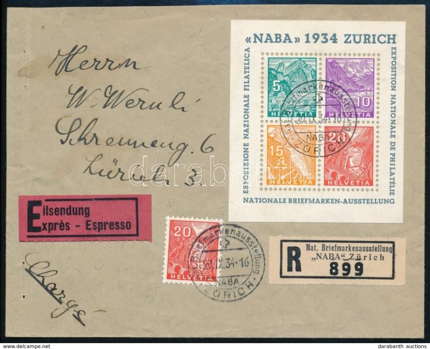 1934 NABA Bélyegkiállítás Blokk Ajánlott Levélen Elsőnapi Bélyegzéssel / Mi 1 Block On Registered Cover With First Day C - Andere & Zonder Classificatie