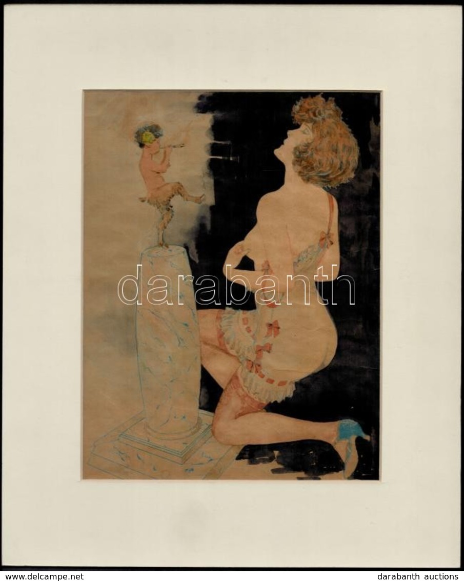 Jelzés Nélkül: Lány Faunnal (cca 1920). Erotikus Akvarell, Papír, Paszpartuban, 24,5×18,5 Cm - Other & Unclassified