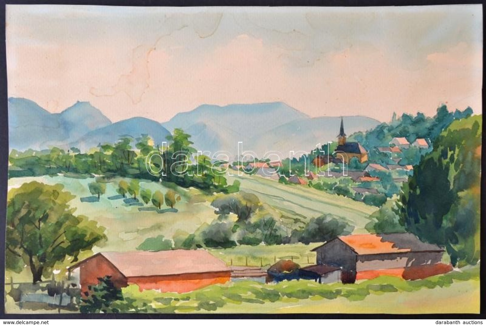 Jelzés Nélkül: Kilátás A Falura. Akvarell, Papír, 27×42 Cm - Other & Unclassified