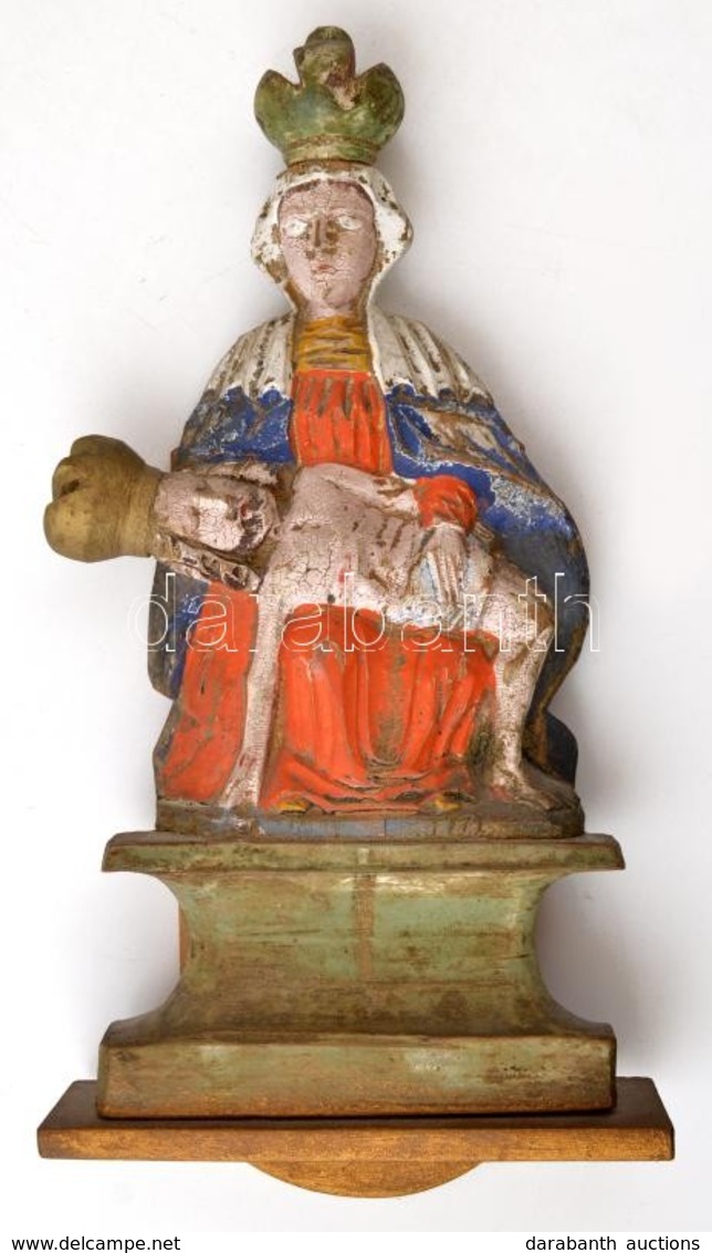 Cca 1800-1900 Sasvári Pieta, Festett Fa, Kopott, Modern Hátlappal, 32×16,5×5,5 Cm - Other & Unclassified