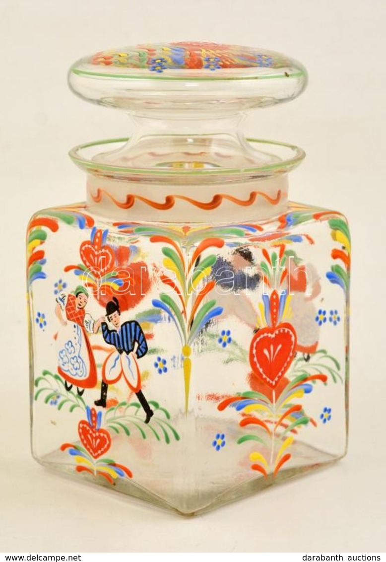 Népies Motívumokkal Díszített Zománcfestett Fűszertartó üveg, Kis Csorbákkal, M: 18,5 Cm - Glas & Kristal