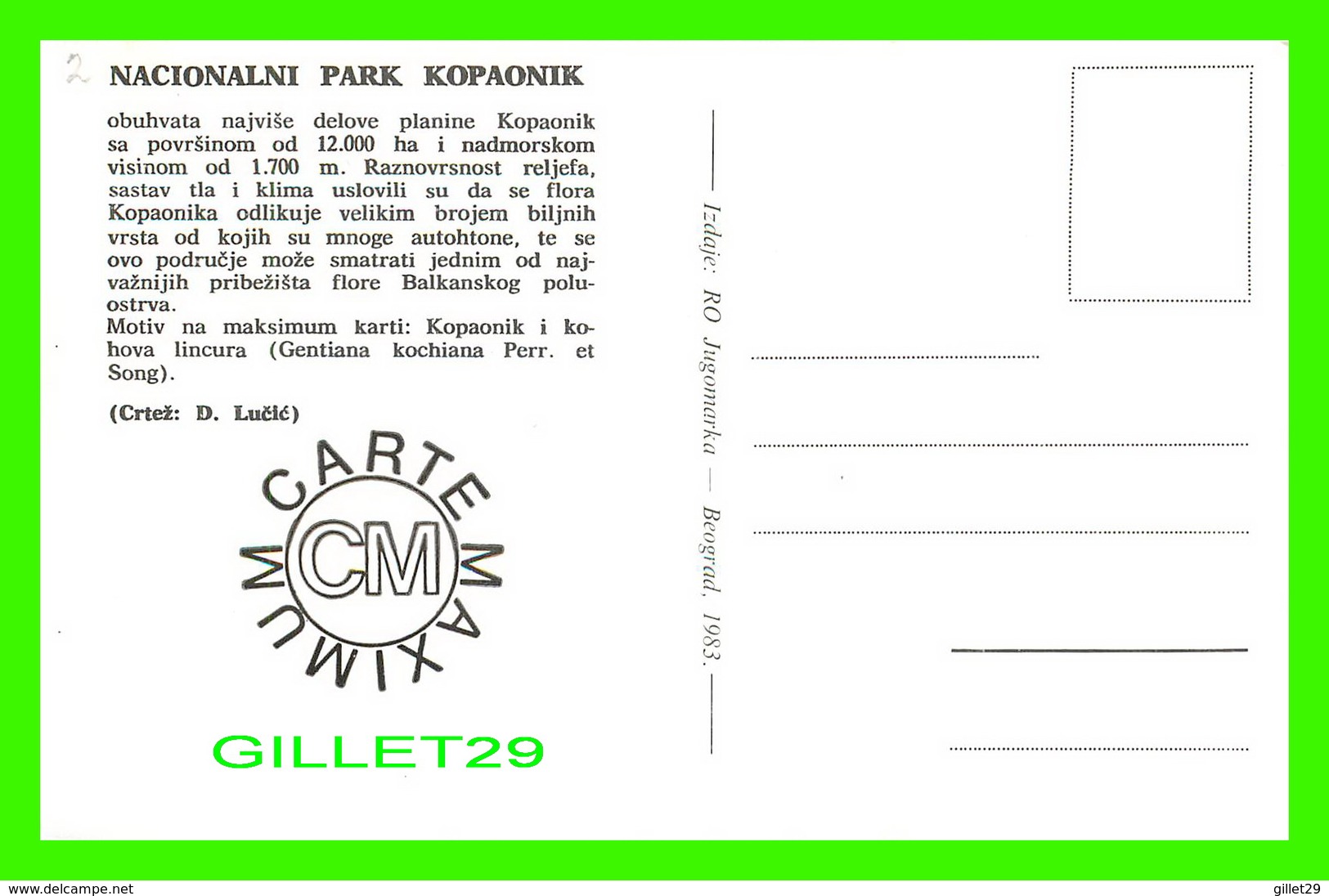 FDC - JUGOSLAVIJA -  1983, NACIONALNI PARK KOPAONIK - D. LUCIC - - Cartes-maximum