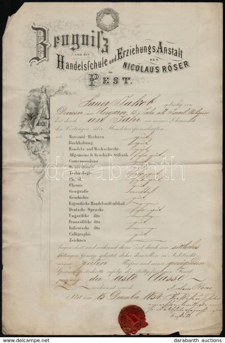 1854 Pest, Német Nyelvű Kereskedelmi Iskolai Bizonyítvány, Viaszpecséttel - Zonder Classificatie