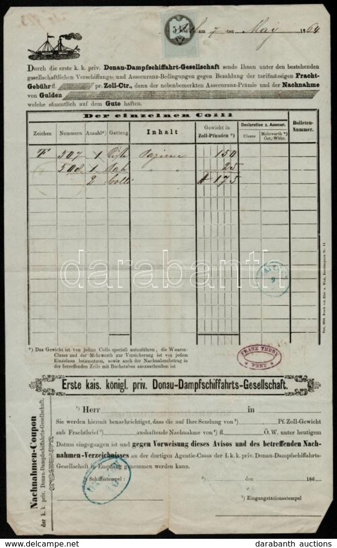 1864 DDSG Fuvarlevél A Waitzen Gőzős Pecsétjével / Bill Of Fright Of Middle-Danube Steamship Company - Ohne Zuordnung