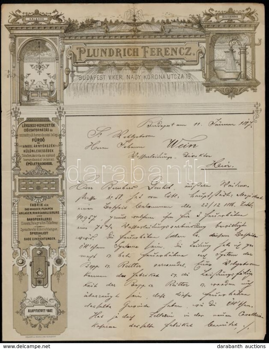 1887 Budapest, Plundrich Ferenc Légszesz, Vízvezeték Fürdő, Angol árnyékszék Különlegességek Gyára, Díszes Fejléces Levé - Ohne Zuordnung