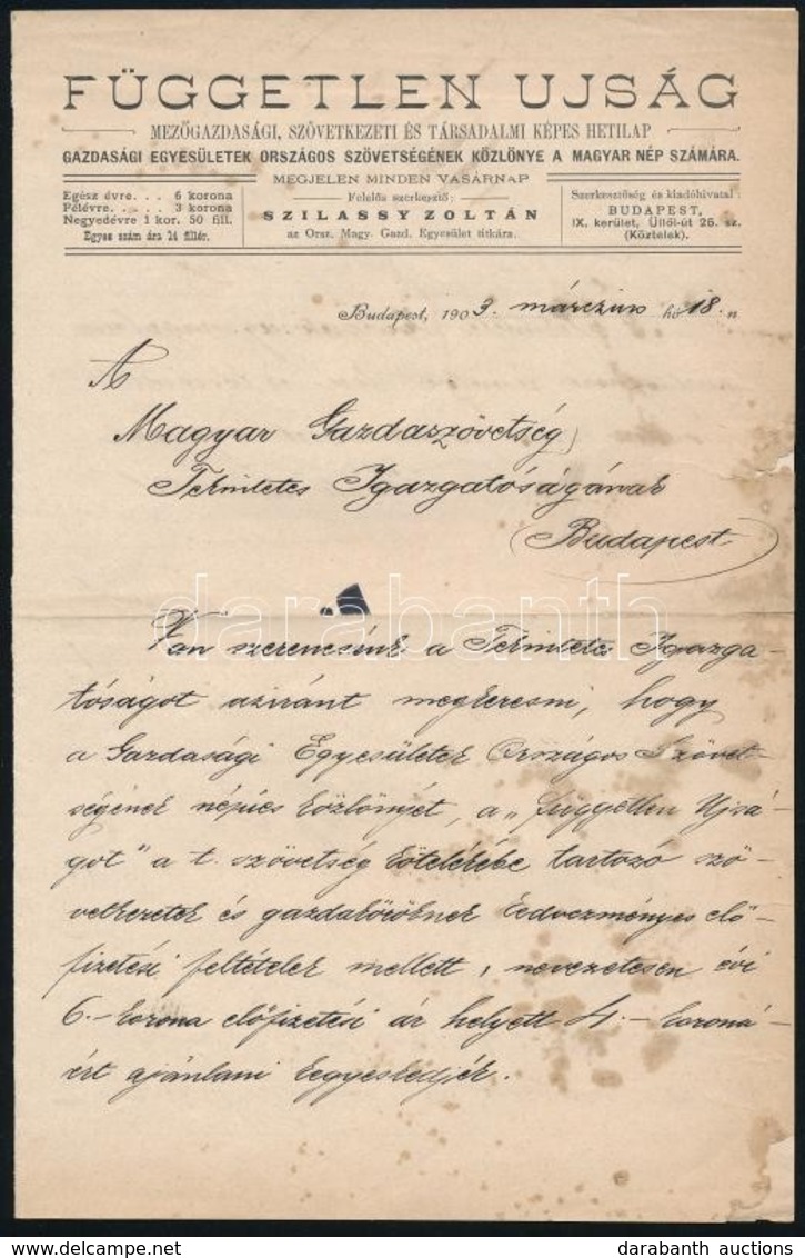 1903-1931 A Független Újság, A Fővárosi Tudósító és Az Est Fejléces Levélpapírjára írt Levelek, 3 Db - Zonder Classificatie