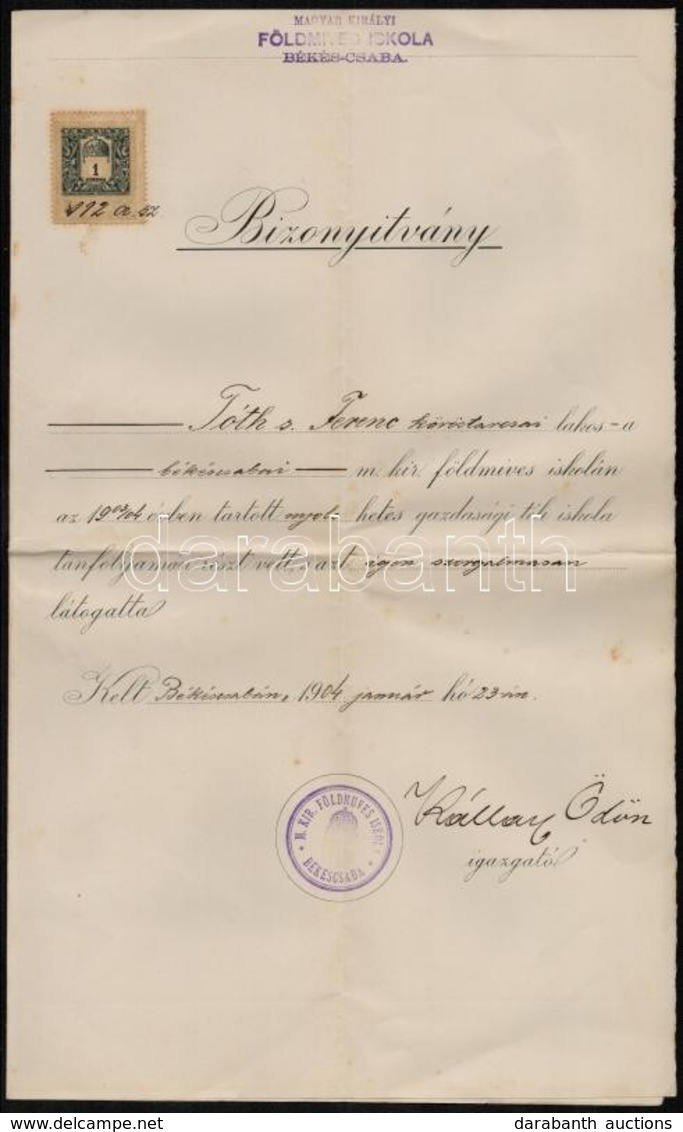 1904 M. Kir. Földmíves Iskola Békéscsaba Bizonyítvány. - Zonder Classificatie