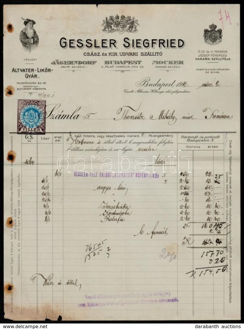 1912 Budapest, Gessler Siegfried Altvater Likőrgyár Díszes Fejléces Számla, 10 F Számlabélyeggel - Unclassified