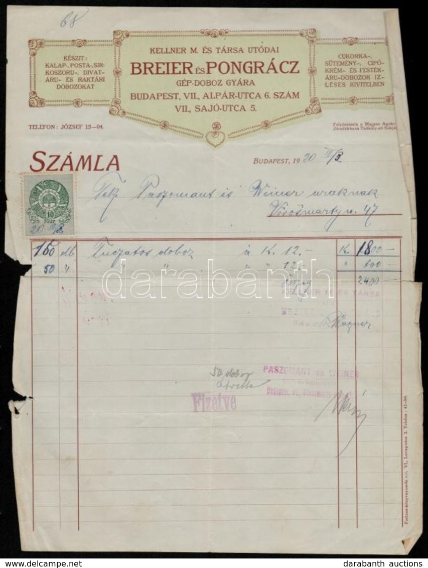 1920 Budapest, Breier és Pongrácz Gép-doboz Gyára Díszes Fejléces Számla, Okmánybélyeggel - Unclassified