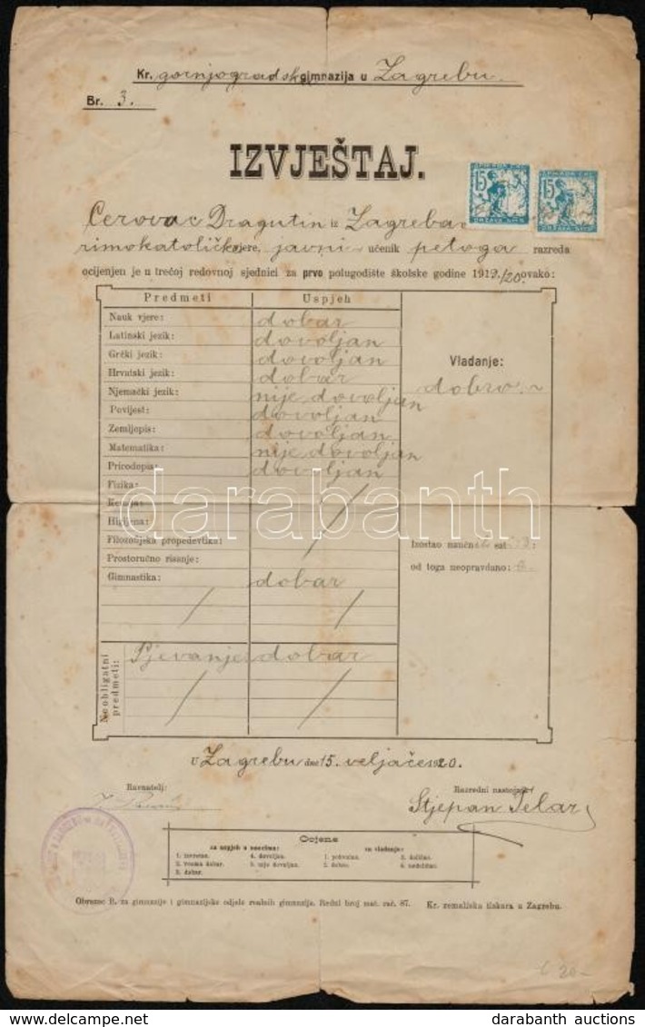 1920 Zágrábi Iskolai Bizonyítvány, Okmánybélyegek Helyett Postabélyegekkel/ Document From Zagreb With Postage Stamps Ins - Unclassified