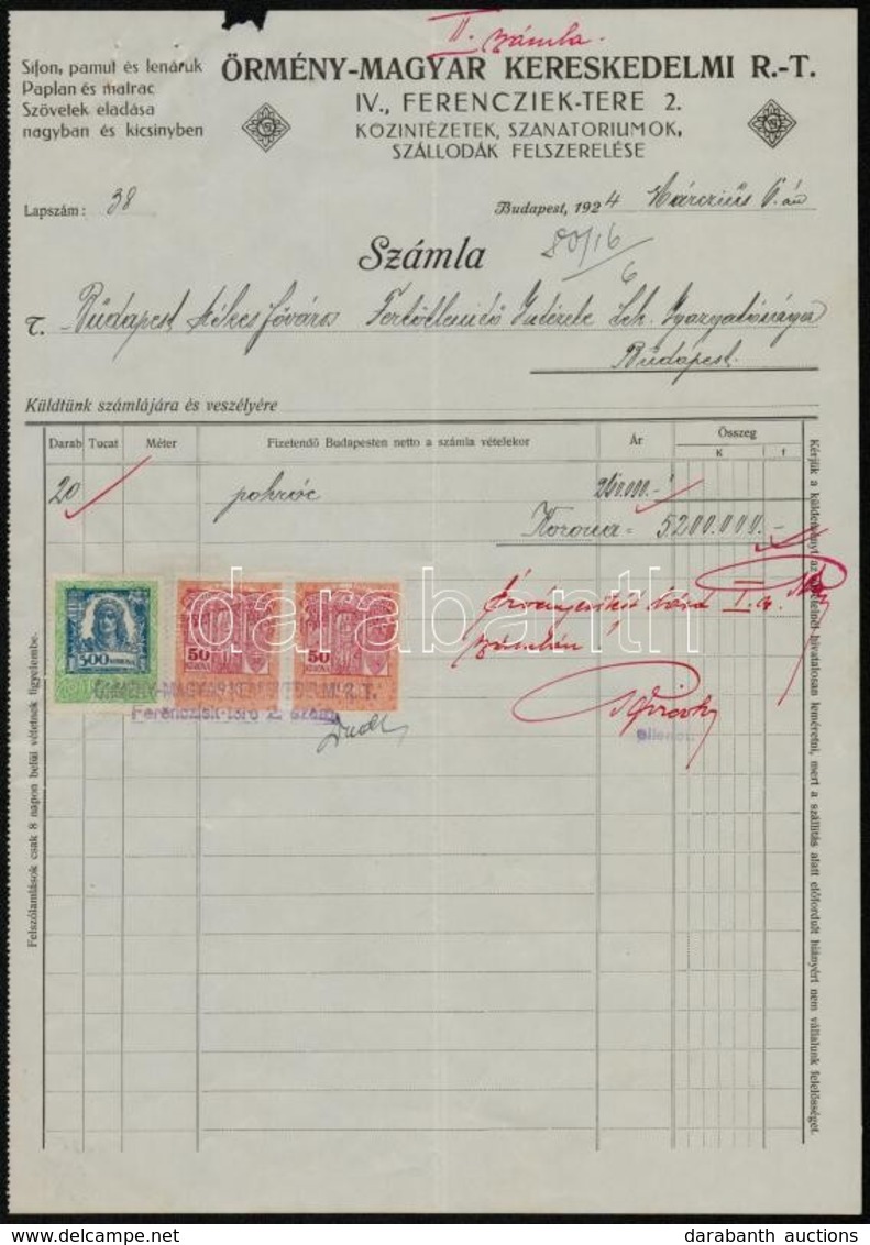 1924 Örmény-Magyar Kereskedelmi Rt. Fejléces Számla, Okmánybélyegekkel - Zonder Classificatie