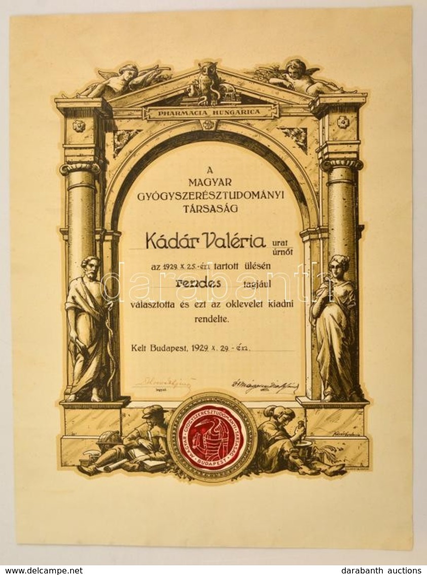 1929 Bp., A Magyar Gyógyszertudományi Társaság Dekoratív Oklevele A Társaság Pecsétjével, Kövér Gyula Grafikája, Szép ál - Zonder Classificatie