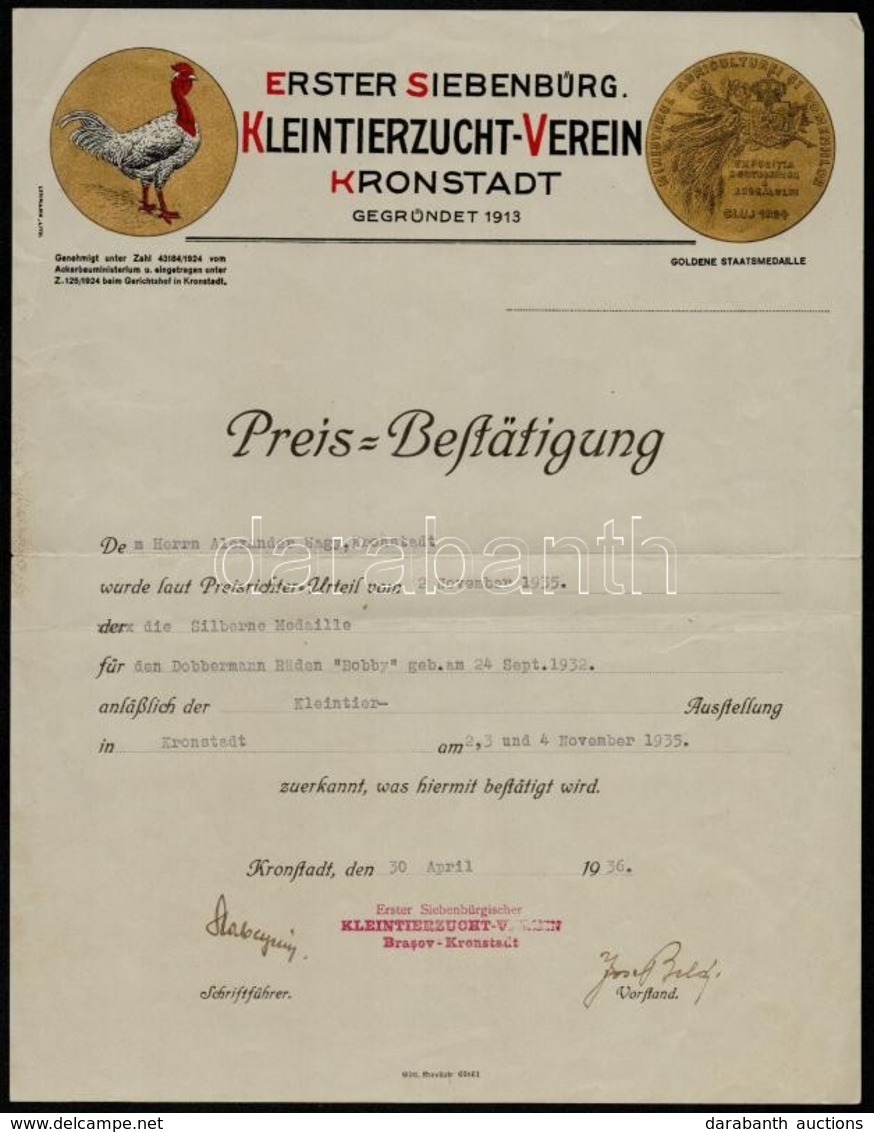 1936 Brassó (Kronstadt) Erster Siebenbürgischer Kleintierzucht-Verein Díszes Fejléces Számla - Zonder Classificatie